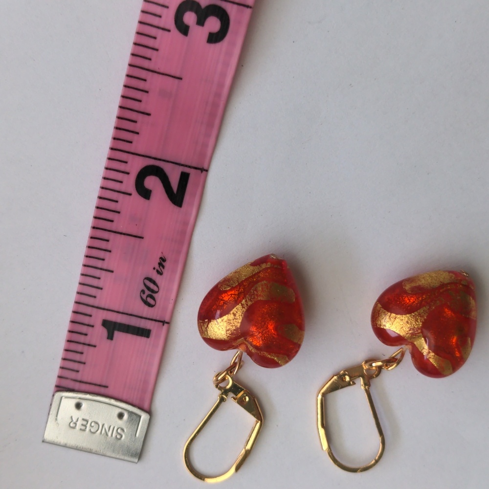 New Murano Heart-Shaped Gold & Red Earrings. Drop, Dangle. 1 1/2"  Gold Plated - Picture 5 of 5